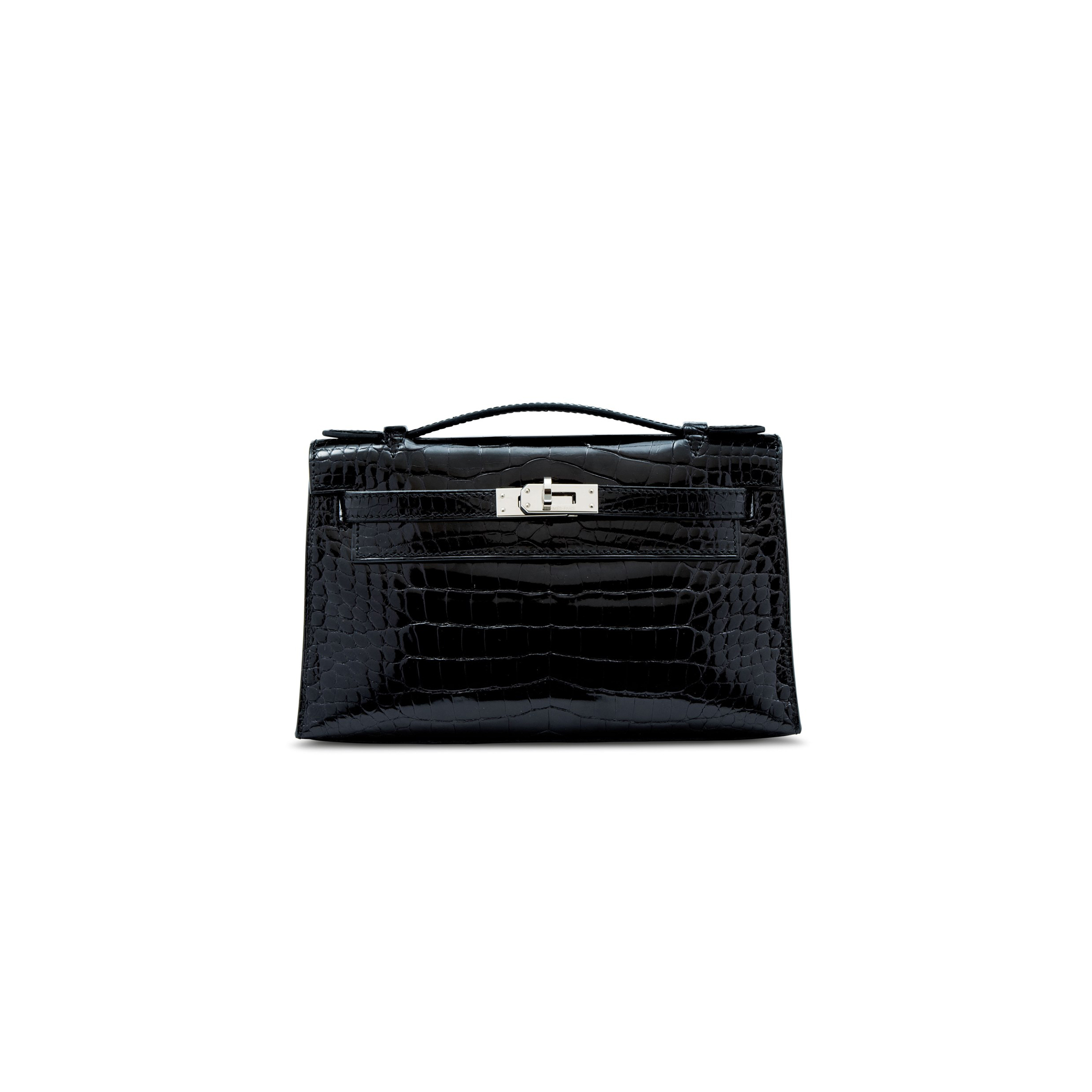 HERMÈS MASTER BLACK ALLIGATOR KELLY POCHETTE WITH PALLADIUM HARDWARE (22*14*7cm) 